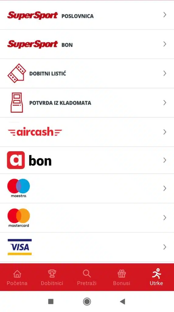 SuperSport aplikacija metode plaćanja